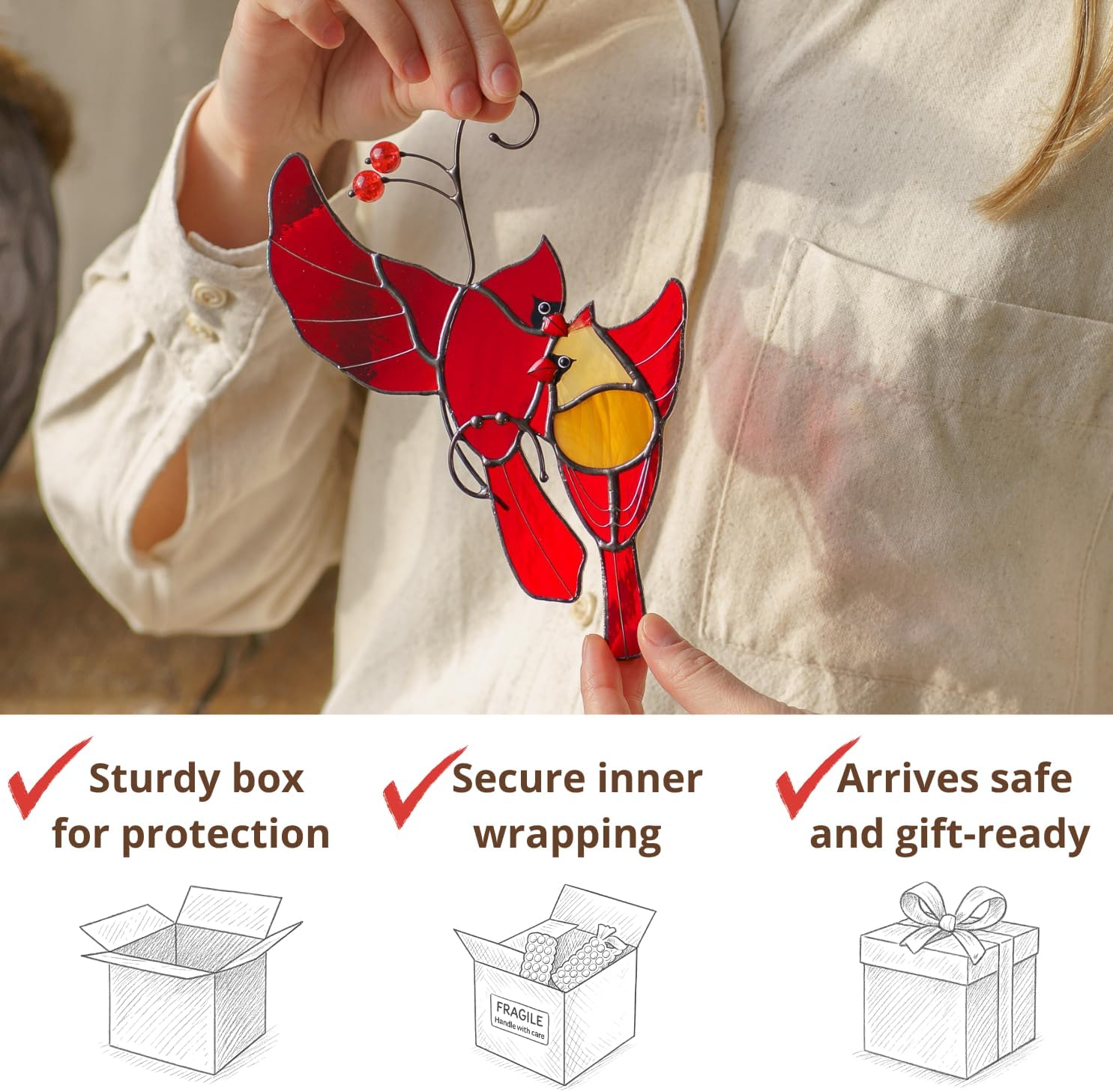 Cardinals Birds Stained Glass Suncatcher Genuine Stained Glass Window Hangings Unique Indoor Ornament & Outdoor Decor (Hugging Cardinals)