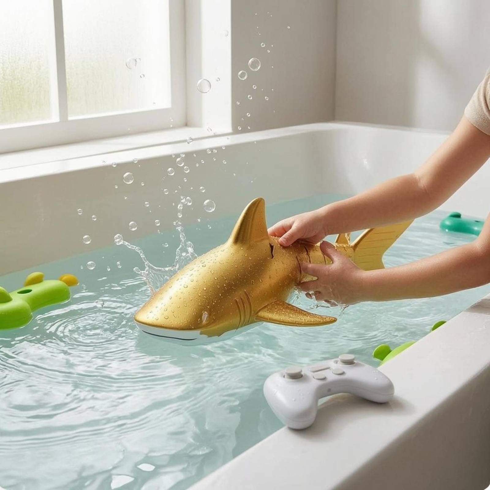 Jouet Requin Télécommandé Rc Électrique Aquatique Enfant avec Jet d'eau Lumières Intégrées Corps Profilé Ailerons Moulés , Or , Baleine Dorée