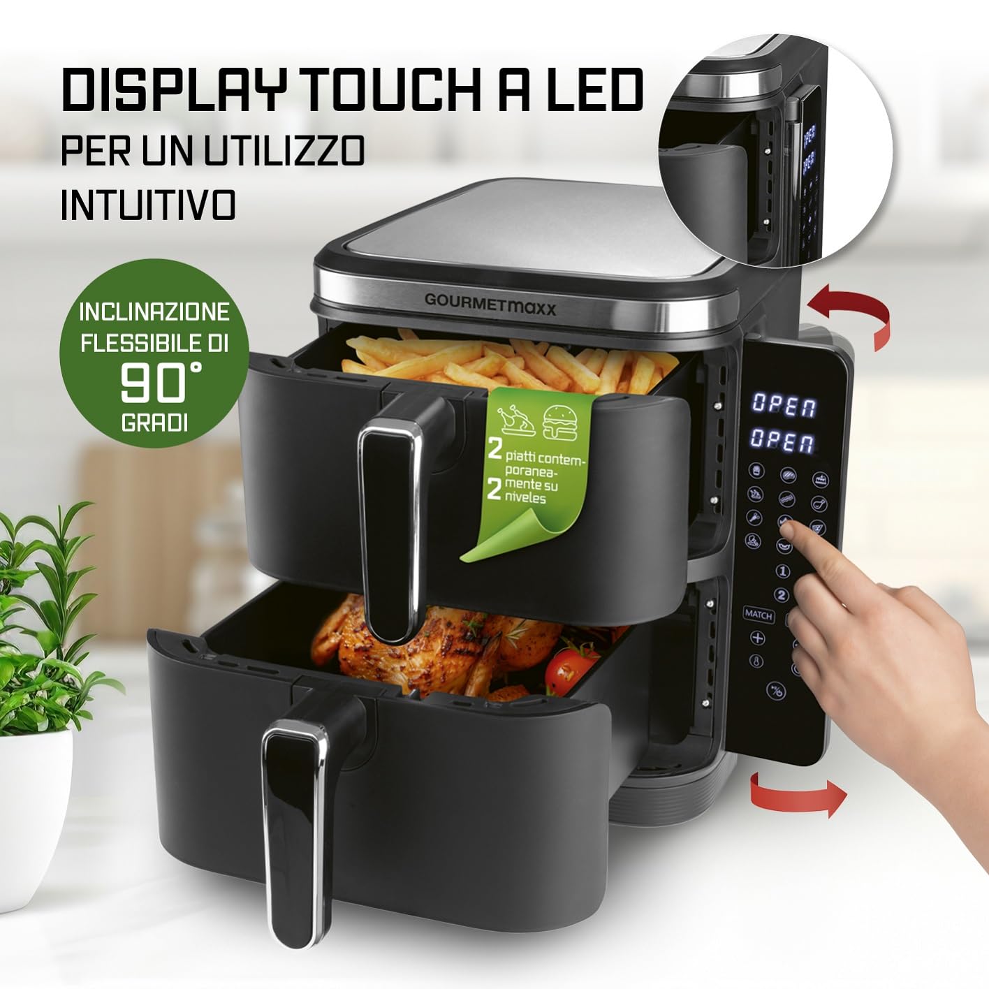 GOURMETmaxx FryUp Friggitrice verticale ad aria calda a doppia camera | Friggitrice 10 litri | 4 piatti su 4 livelli | Display touch richiudibile | 32% in più di risparmio di spazio | Calda 2 camere