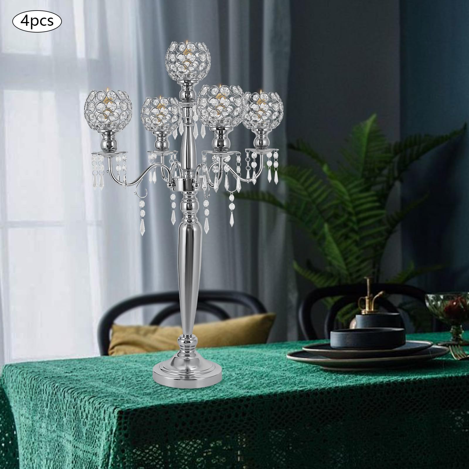 Gbonklong Gbonklong 4 Pack 5 Arm Crystal Candelabra Centerpieces, 29.5 Inch Tall Candle Holder Table Candelabra Stand with Crystal Candle Holder Bowl for Home Wedding Anniversary Party Decoration