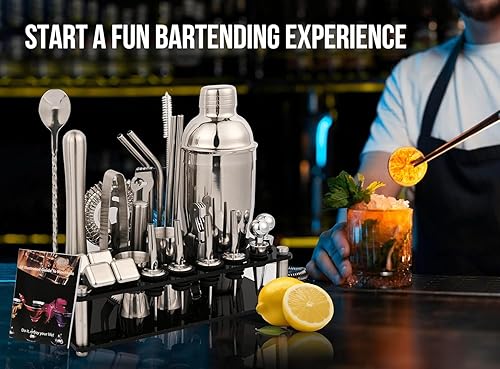 Miniatura 5 de Kit de camarero de 26 piezas con soporte acrílico, juego de coctelera de primera calidad con herramientas y accesorios de mixología, juego de bar