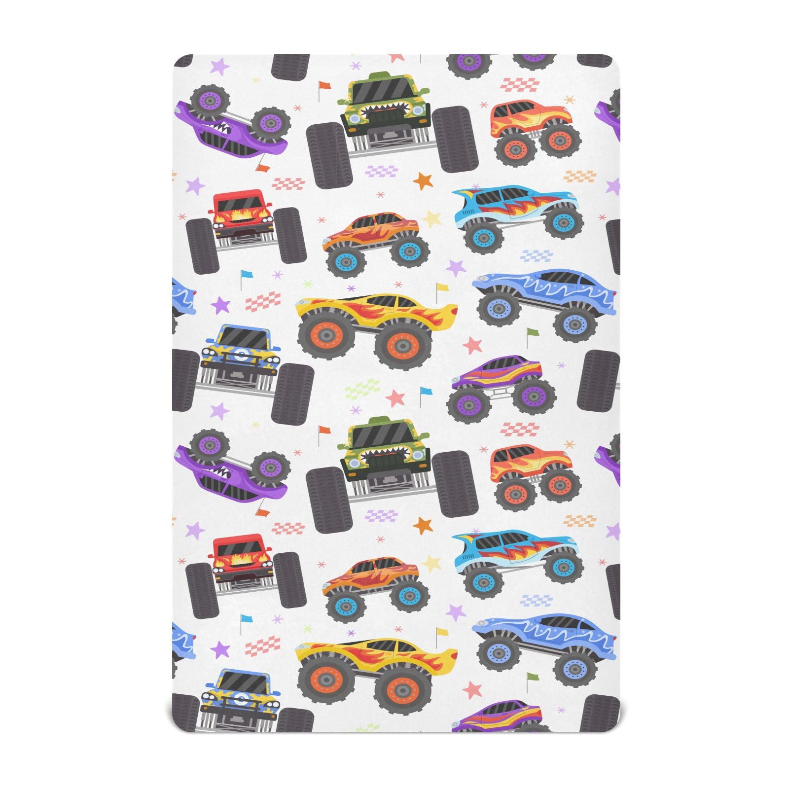 Crib Sheets for Boys Girl Cartoon Monster Trucks Breathable Mini Crib Mattress Sheets Fitted,Toddler Baby Sheets for Crib Mattress Soft & Breathable 39 * 27 * 5In