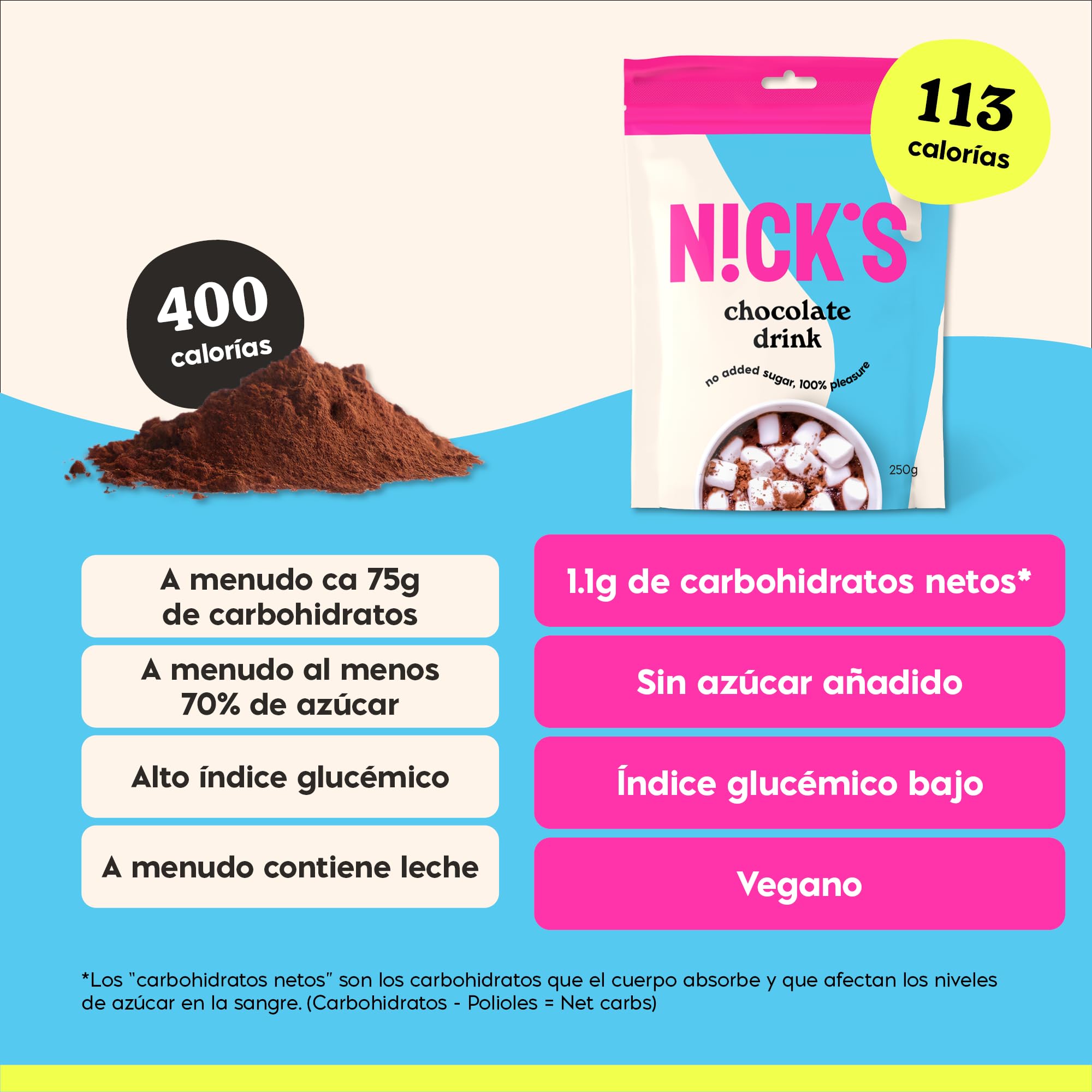 NICKS Chocolate drink Chocolate caliente sin azúcar añadido, chocolate en polvo con cacao para beber, keto, vegano, sin gluten (2x250g)