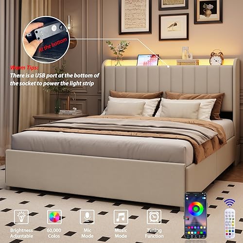 Miniatura 5 de Base de cama tamaño matrimonial con 4 cajones y cabecera de almacenamiento, base de cama tapizada con luces LED y práctica estación de carga, no