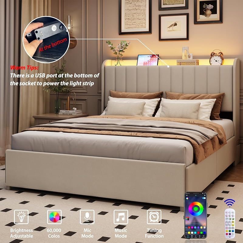 Queen Bed Frame with 4 Drawers and Storage Headboard, Upholstered Platform Bed Frame Queen Size with Led Lights and Handy Charging Station, No Box Spring Needed, Easy Assembly, Noise Free, Beige image 5