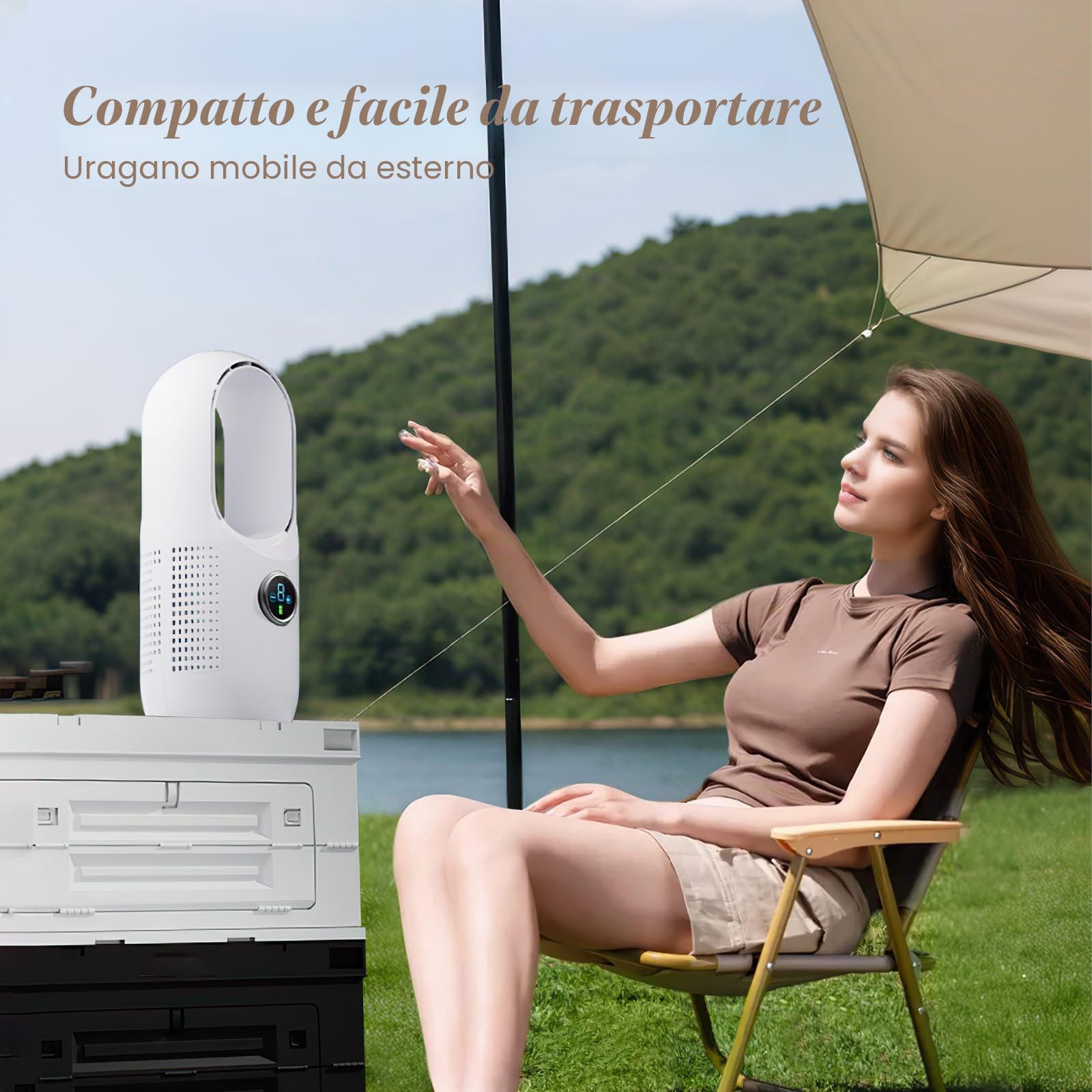 JOPWUE Ventilatore senza pale silenzioso senza fili,purificatore d'aria,ventilatore colonna,controllo tattile,3 velocità, oscillazione 80°,4000Mah,ricarica USB,per ufficio, soggiorno, camera da letto