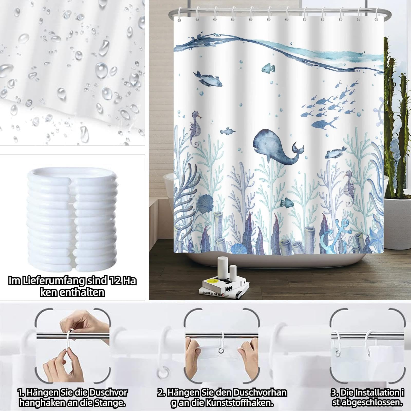 18meng Art Tenda da doccia blu pesce, oceano, 200 x 300 cm, antimuffa, in tessuto, lavabile, bianco, viola, motivo alghe, impermeabile, in poliestere, per bagno con 12 ganci