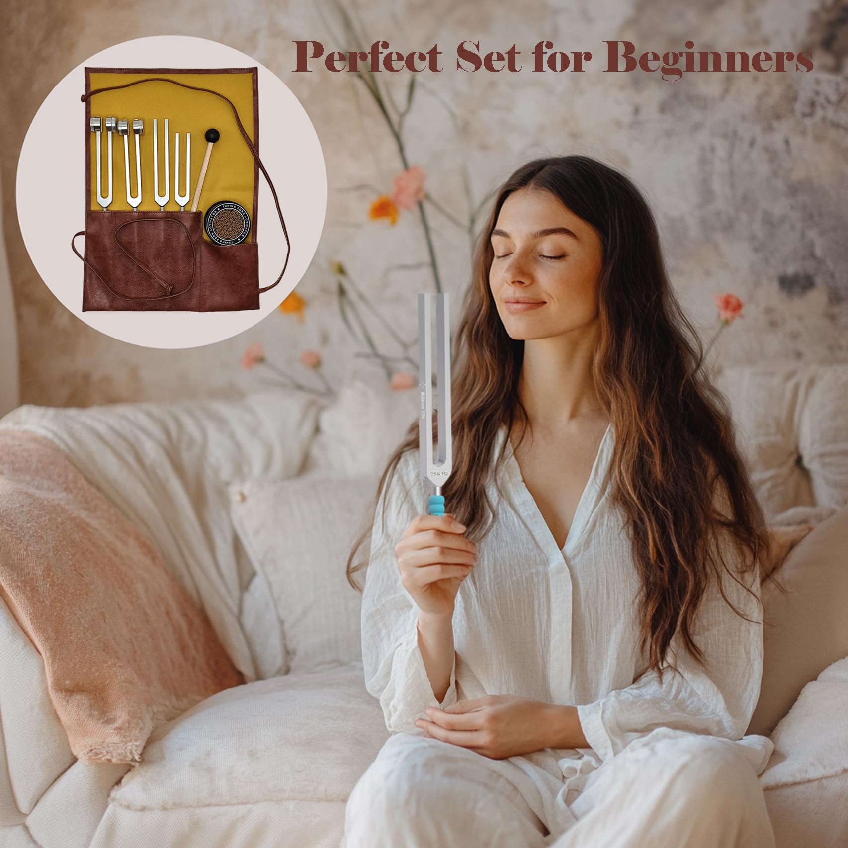 Tuning Forks for Healing Set (128Hz, 136.1Hz, 256Hz, 384Hz) with Activator & Reflex Hammer, Sound Therapy Instruments for Chakra/Yoga/Meditation, Frequency Healing Devices in Vegan Leather Pouch