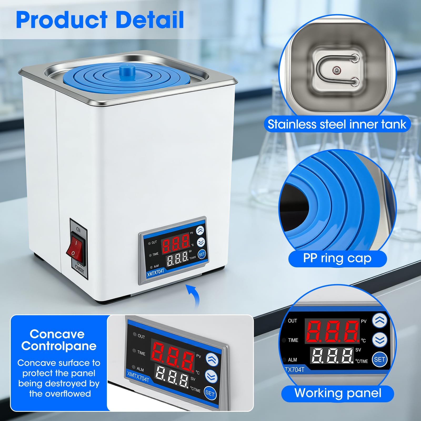 Digitales Labor Wasserbad 3,5L, 300W, Edelstahl Präzises Thermostat ±0,1°C & Timer, LED Display, Trockengehschutz, ideal für Labor & Forschung