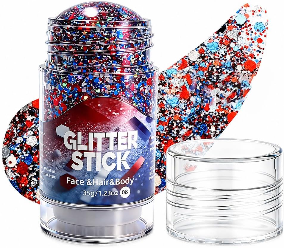 Red White Blue Body Hair Glitter Stick, 2026 New Star Face Body Glitter for 4th of July Outfits Women, Waterproof Glitter Makeup for Hair Face Body Festival Party Accessories (1, Blue)