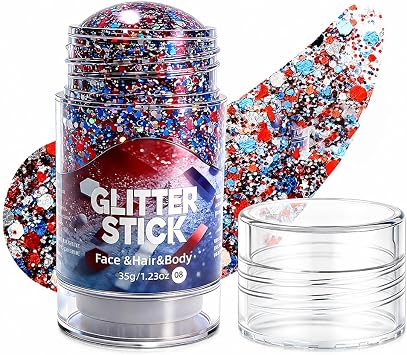 4th of July Glitter Stick, 2026 New Red White and Blue Glitter Stick for Women, Waterproof Glitter Makeup for Football Red White and Blue