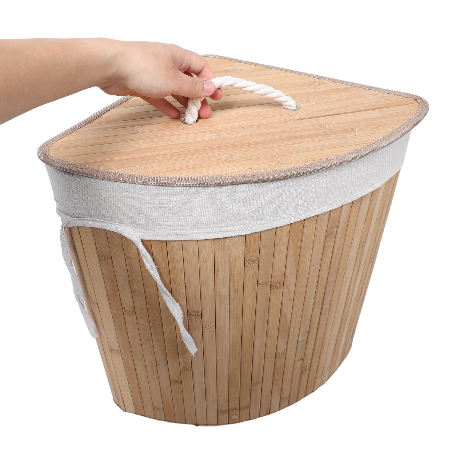 Cesto Biancheria Triangolare in Bambù con Coperchio e Manico | Fodera Rimovibile, Angolo Bagno e Camera, Superficie Liscia e Pulibile, Colore Beige