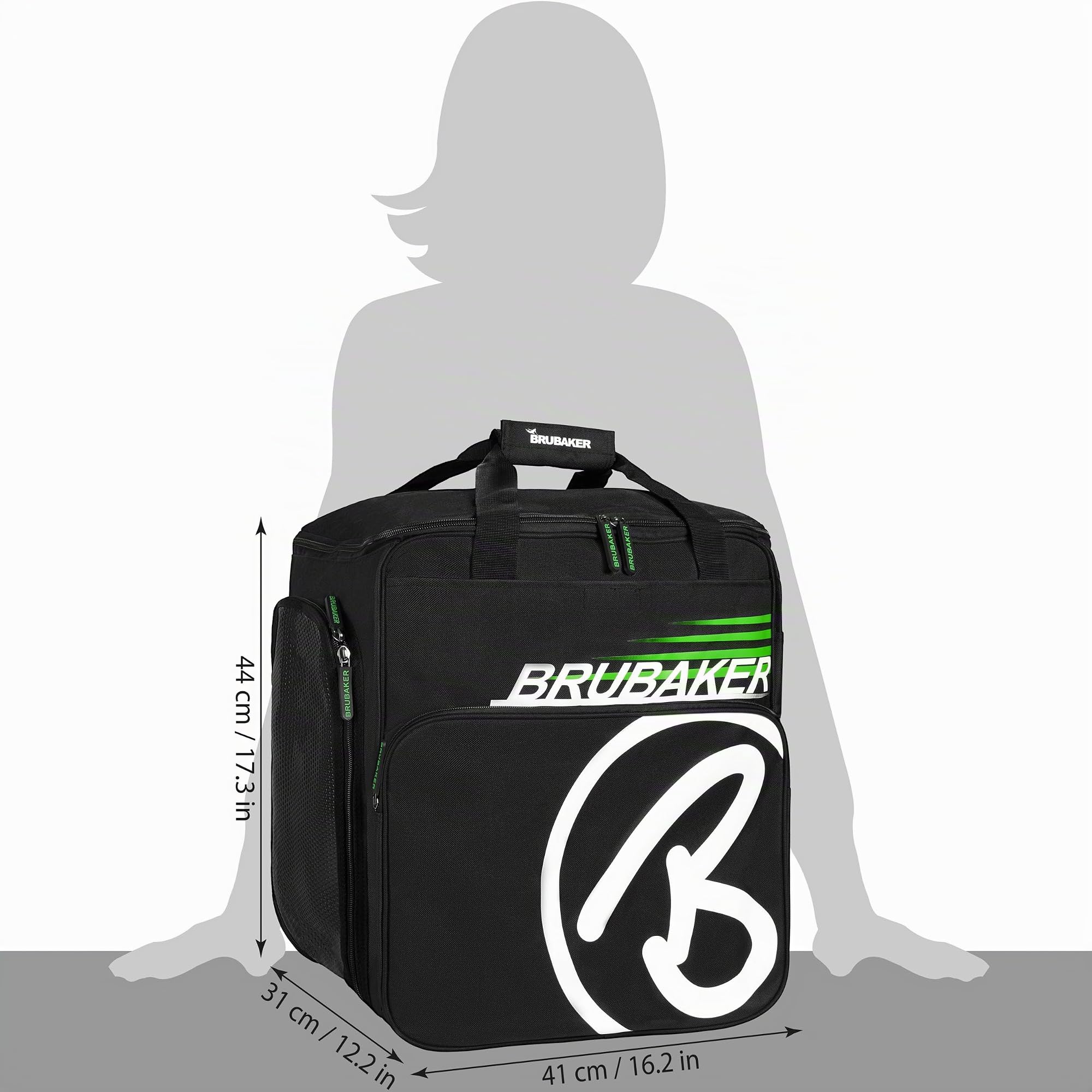 Brubaker Set de Ski ‘Champion’ - Housse à Skis et Sac à Chaussures de Ski pour 1 Paire de Skis + Bâtons + Chaussures + Casque - 170 cm - Noir/Vert