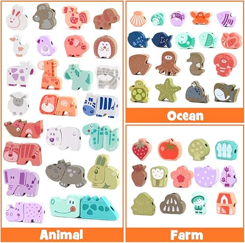 Miniatura 3 de LOVESTOWN Cuentas de cordones de madera, 67 cuentas de cuerda grandes con cordones de animales, juguete Montessori para niños pequeños, regalos de