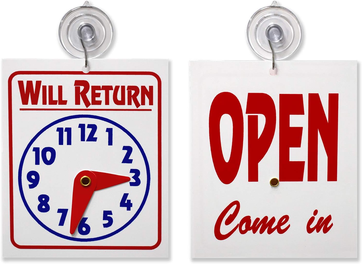 STORE FIXTURES DIRECTDouble Sided "Will Return " Clock and "Open Come in " Sign with Adjustable Clock Hands & Suction Cup, 1 Unit