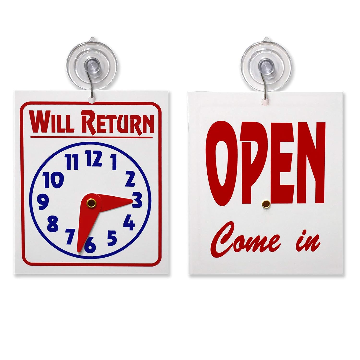 Double Sided "Will Return" Clock and "Open Come in" Sign with Adjustable Clock Hands & Suction Cup, 10 Pack