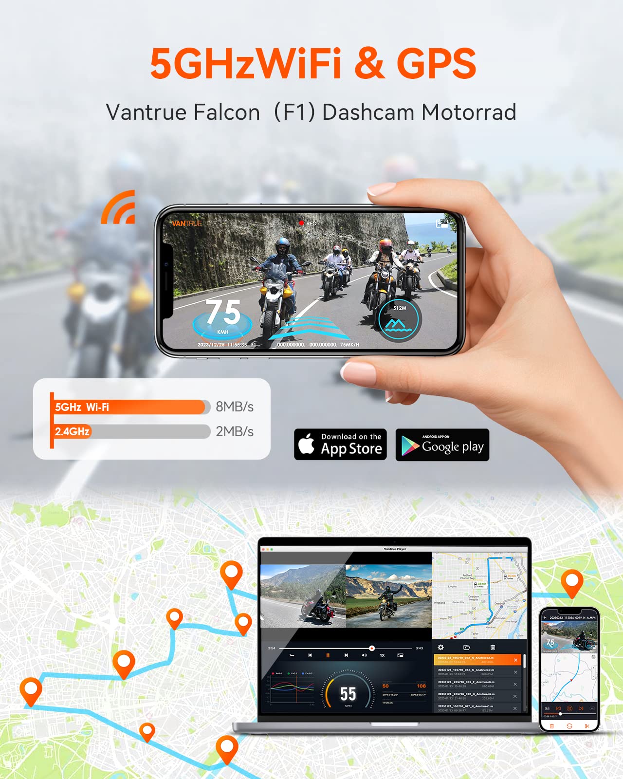 VANTRUE F1 4K+1080P Telecamera Moto Impermeabile IP67, 5GHz WiFi GPS Dash Cam Moto, Avvisi Vocali, 24H Rilevamento Collisione，Statistiche Chilometriche，WDR & HDR & APP, 300° Max 512G