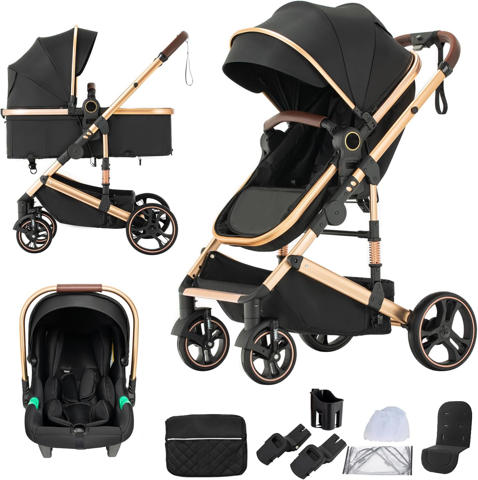 3 in 1 Baby Stroller with One-Touch Folding,3 in 1 Prams Travel System, Lightweight Foldable Pushchair, Prams with Aluminum Frame for Portable Baby Carriage (H9 Black, H9)