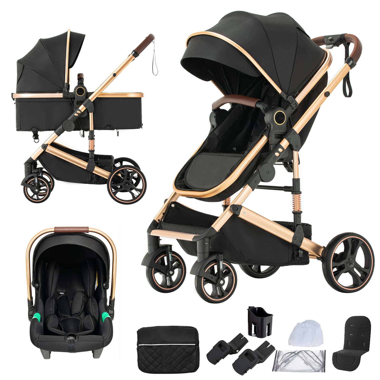Kinderwagen 3 in 1 Kombikinderwagen mit Babywanne Faltbarer Buggy Set Aluminiumlegierung H9 BLACK