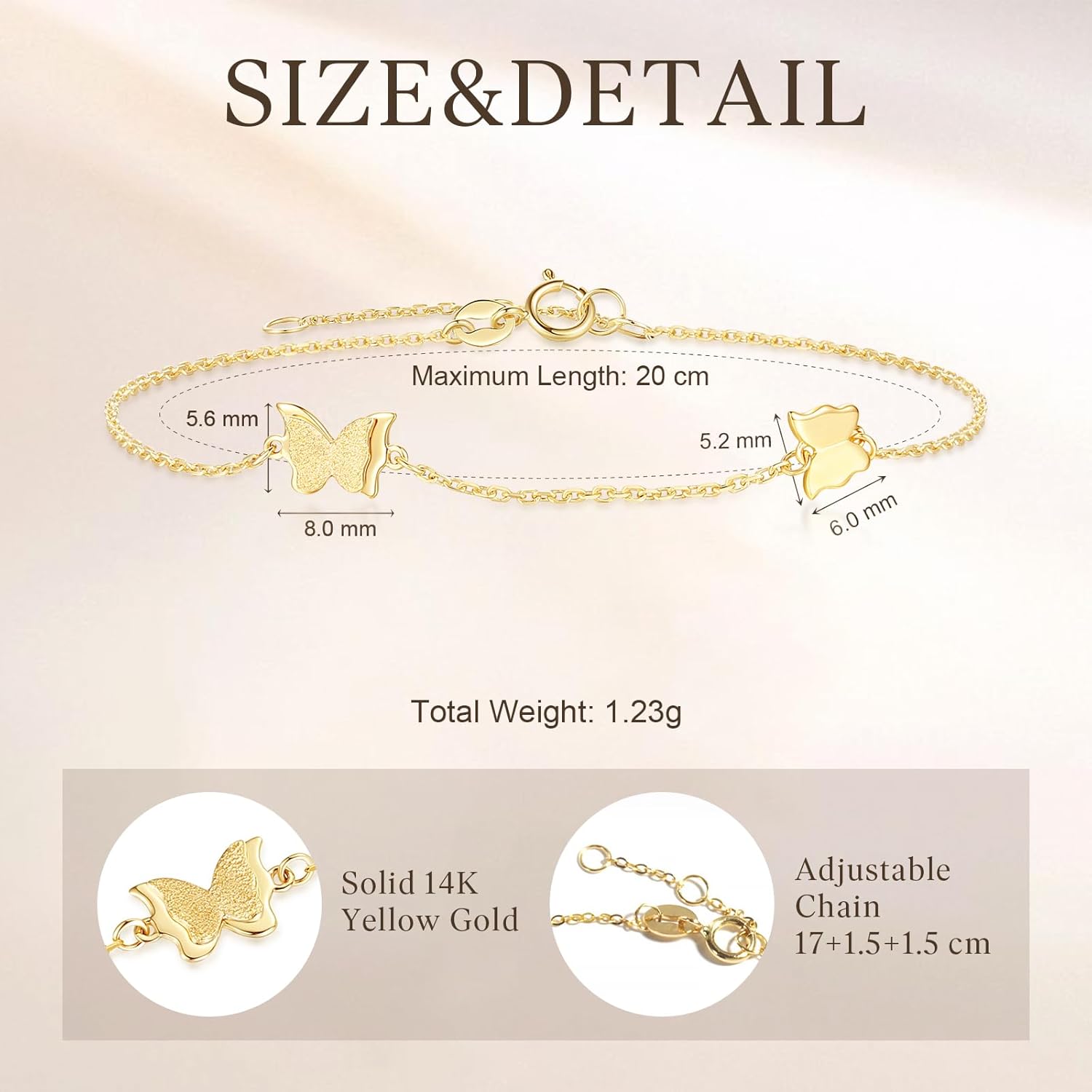 FANCIME 14K Solid Yellow Gold Double Cute Butterfly Love Lucky Bracelet Dainty Delicate Fine Jewelry Gifts for Women, 6.7 + 1.2 inch Extender - Image 4