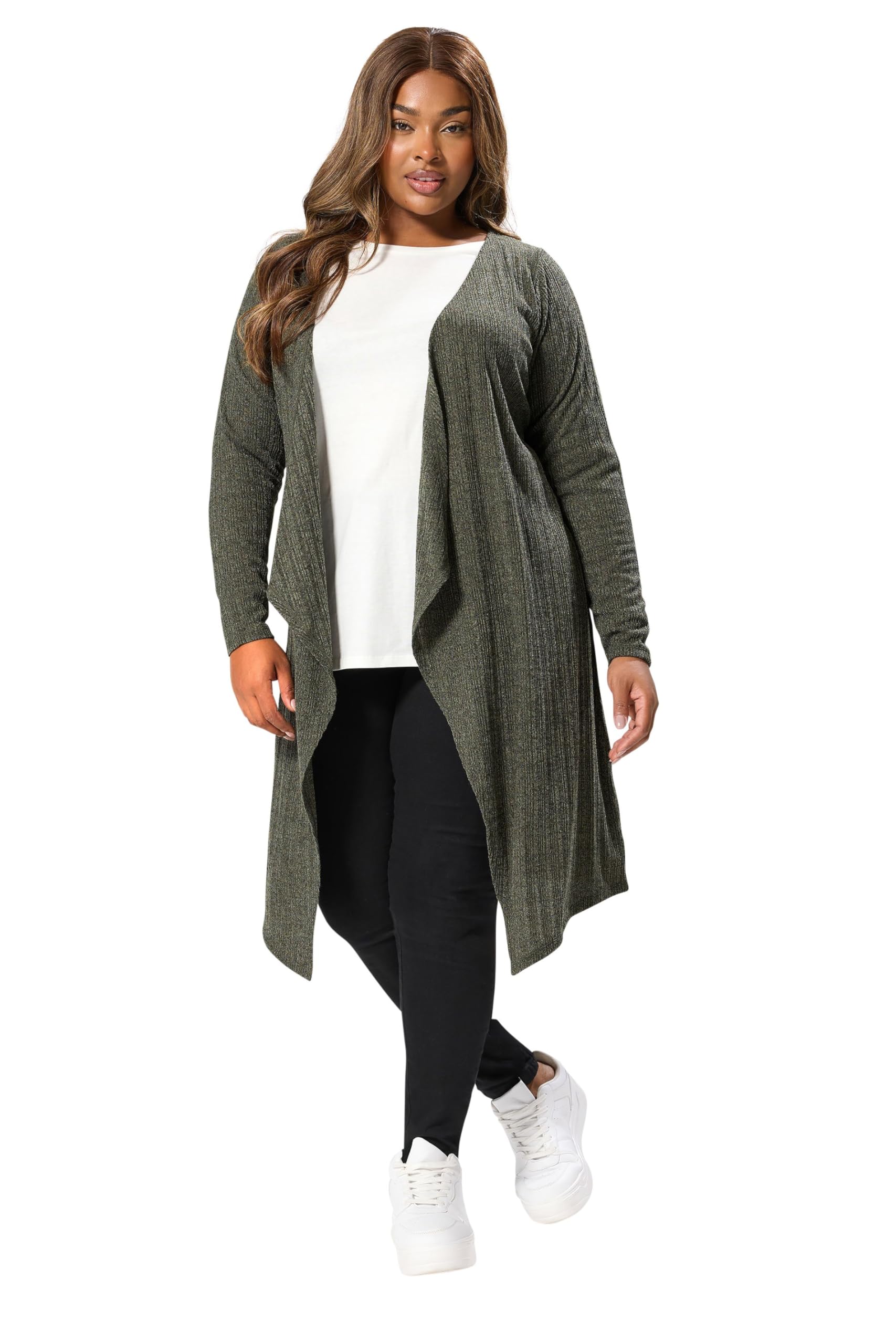 Yours Curve Khaki Ribbed Midaxi Waterfall Cardigan - Women's - Plus Size Curve