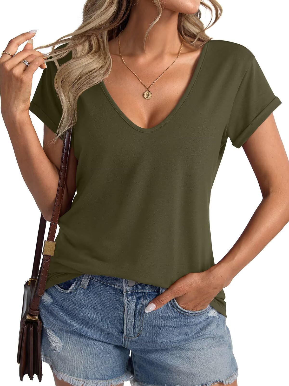 Micticsi Womens Deep V Neck Short Sleeve T Shirts Casual Loose Fit Shirt Sexy Summer Tops Folded Sleeves Basic Tee 2025