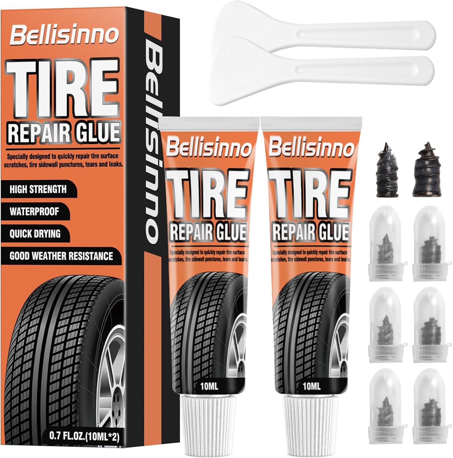 Bellisinno Tire Repair Glue Kit - Super Strong Sidewall Rubber Cement with 2 Nail Sizes for Car, Bike, Motorcycle, Truck, Tractor - 10ml x2 Quick Dry Black
