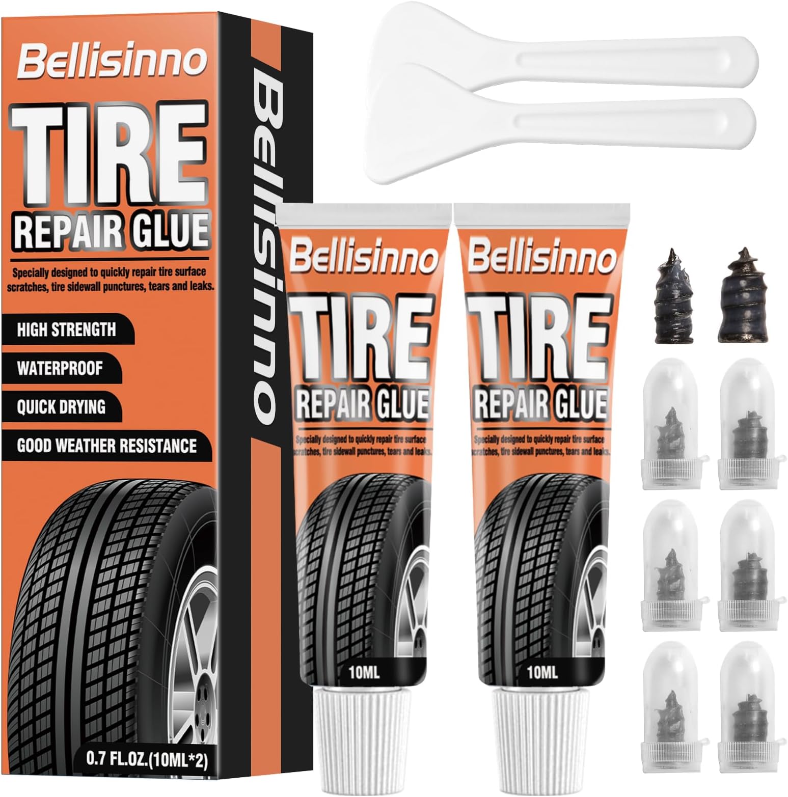 タイヤ修理接着剤、サイドウォールゴムセメントキット、2つのサイズの釘、バイク、車、オートバイ、オフロード、トラック、トラクターに適しています(10ml*2)