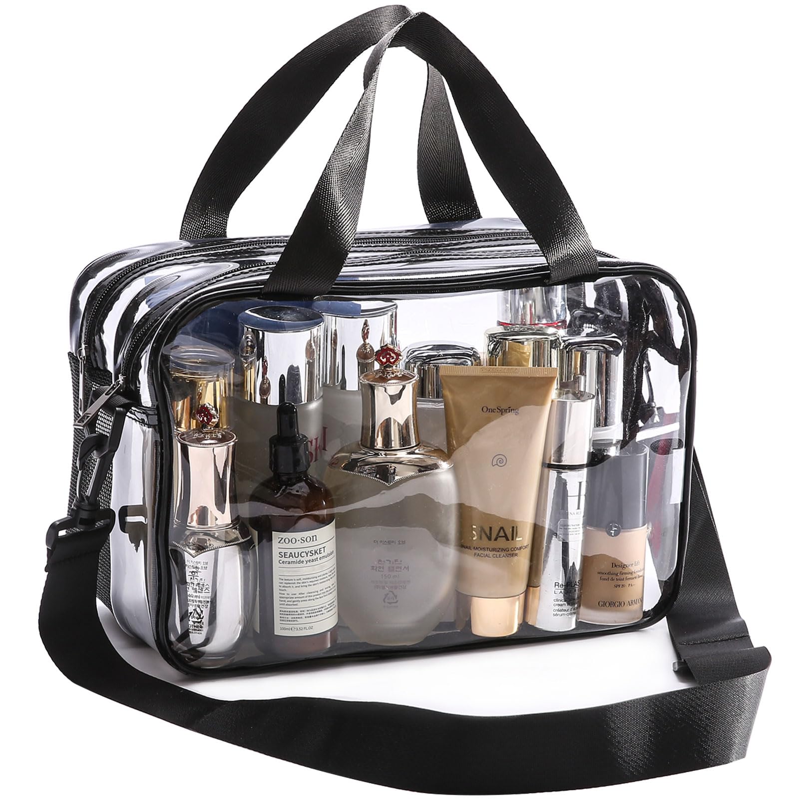 Officentra Clear Toiletry Bag for Women with Zipper–Clear Makeup Bag with Shoulder Strap & Handheld Handles – Stadium Bags for Women with Wet/Dry