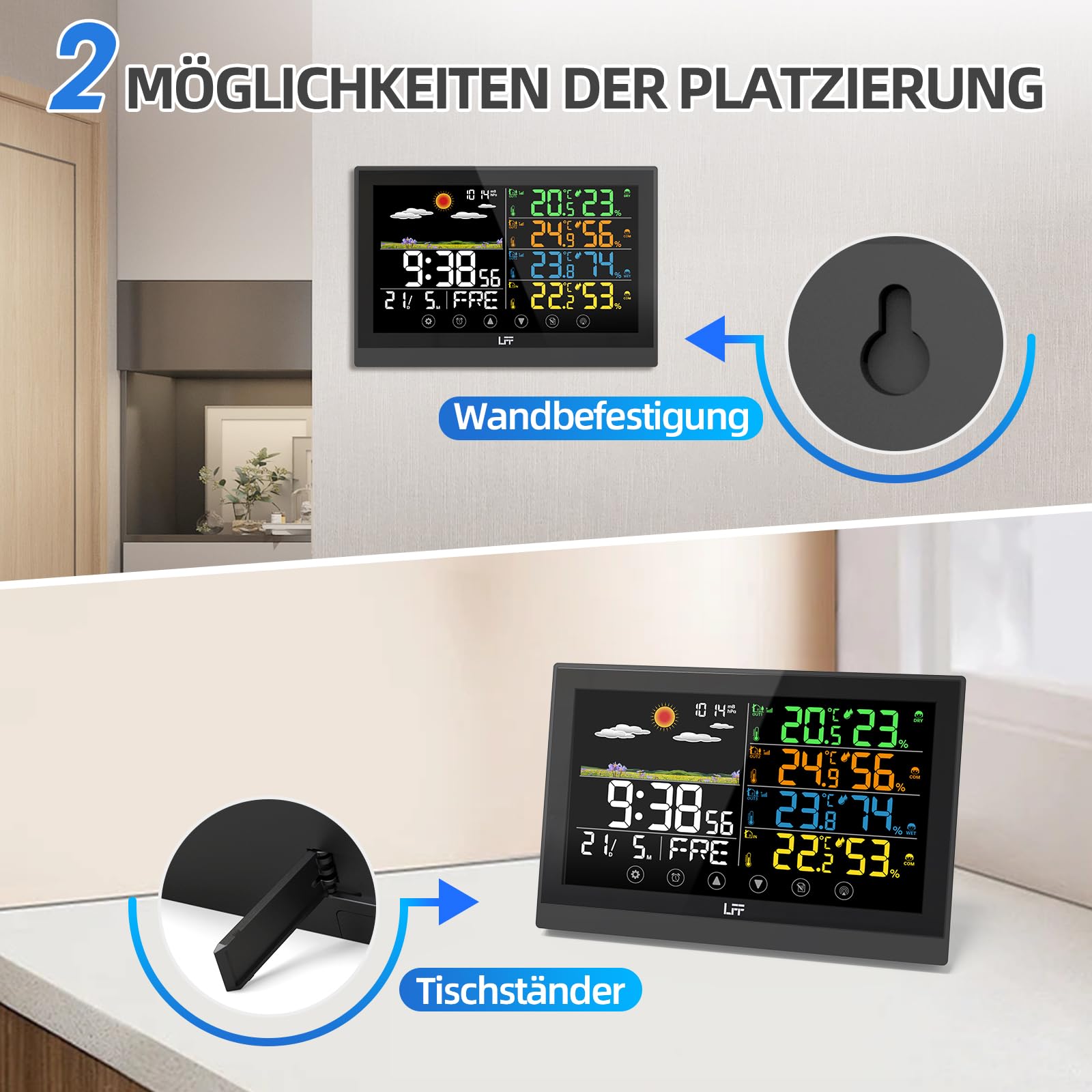 LFF Drahtlose Wetterstation, Funkwetterstation Indoor Outdoor mit Sensoren, Farbdisplay Digitale Atomuhr Innen Außen Thermometer Wireless, Vorhersage Station mit Einstellbarer Hintergrundbeleuchtung