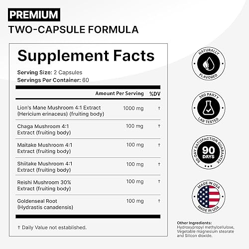 Miniatura 2 de Complejo de hongos melena de leones, mezcla adaptogénica 5 en 1 - Cápsulas de extracto de león, chaga, maitake, shiitake y reishi, suplemento