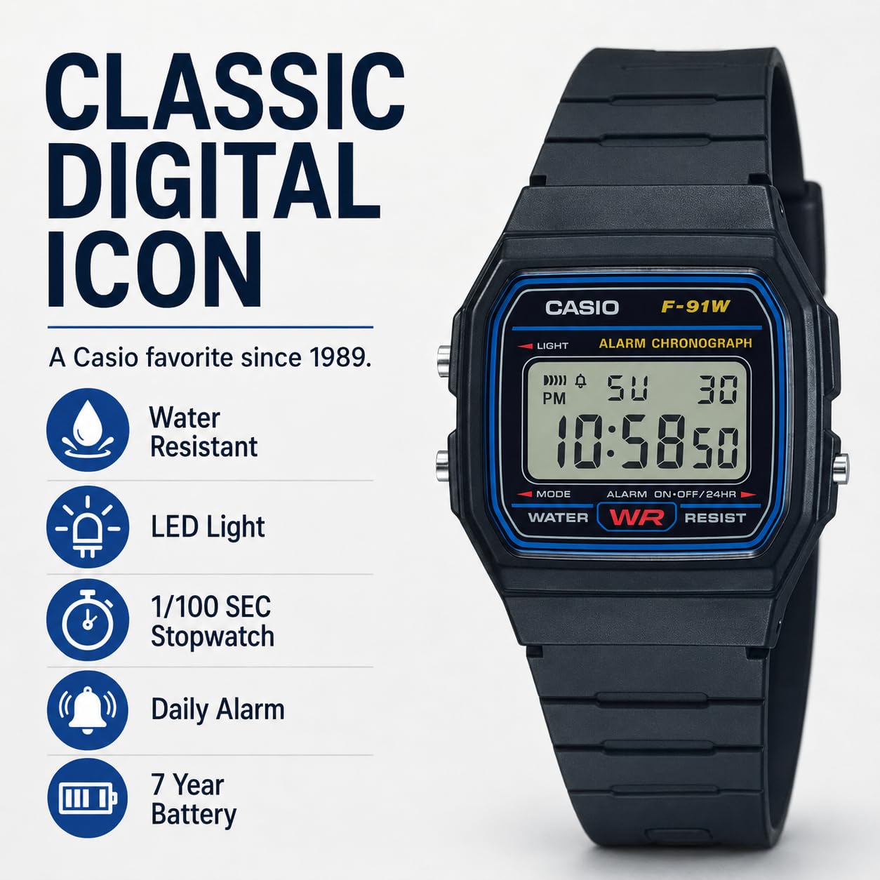 Casio F91W Series | Digital Watch | Water Resistant | LED Light | 1100 SEC Stopwatch | Regular Time Keeping HR Min SEC PM Date Day | Daily Alarm | Lightweight | 7 Year Battery product thumbnail 3