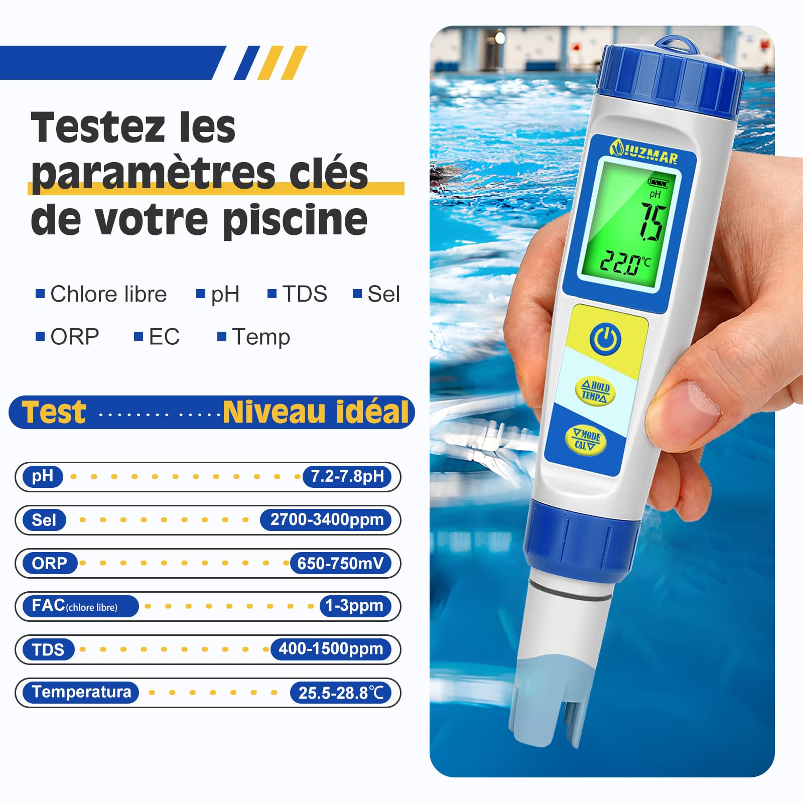 UIUZMAR Testeur de pH, de Sel et de Chlore pour Piscines 7 en 1