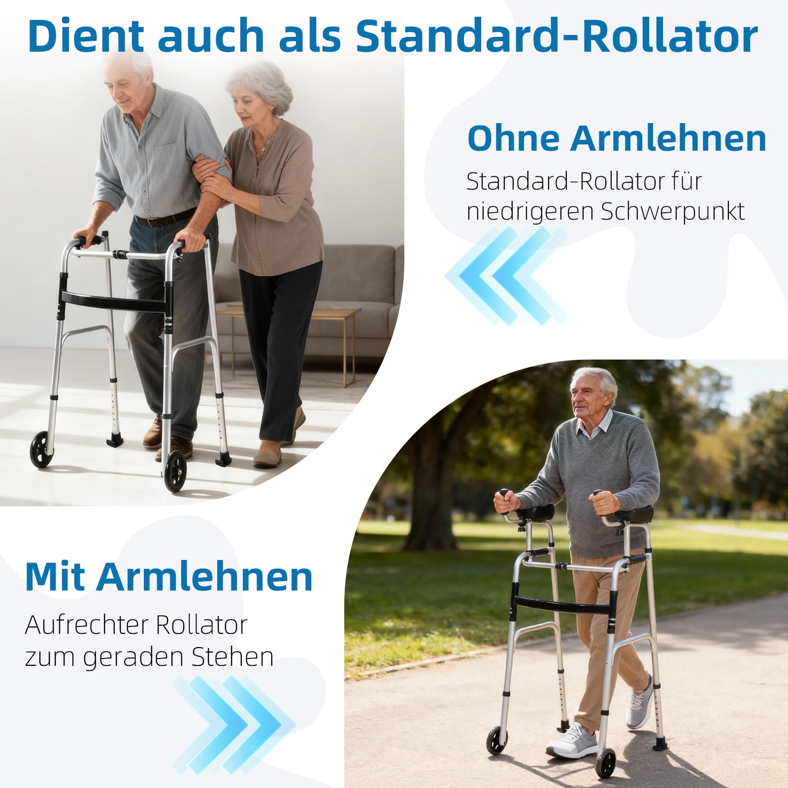 Marco plegable para caminar con ruedas y almohadilla extraíble para el brazo. Ayuda a caminar de aluminio ajustable para los ancianos (rueda con rodamientos)