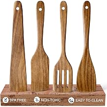 4 Pcs Acacia Wooden Spatula Set Non Toxic Kitchen Utensil Set Slotted Turner Flat Wood Wok Spatulas for Cooking Spoon Kitchen Spurtle Bamboo Cooking Utensils Fish Egg Flipper Spatula Cast Iron Scraper