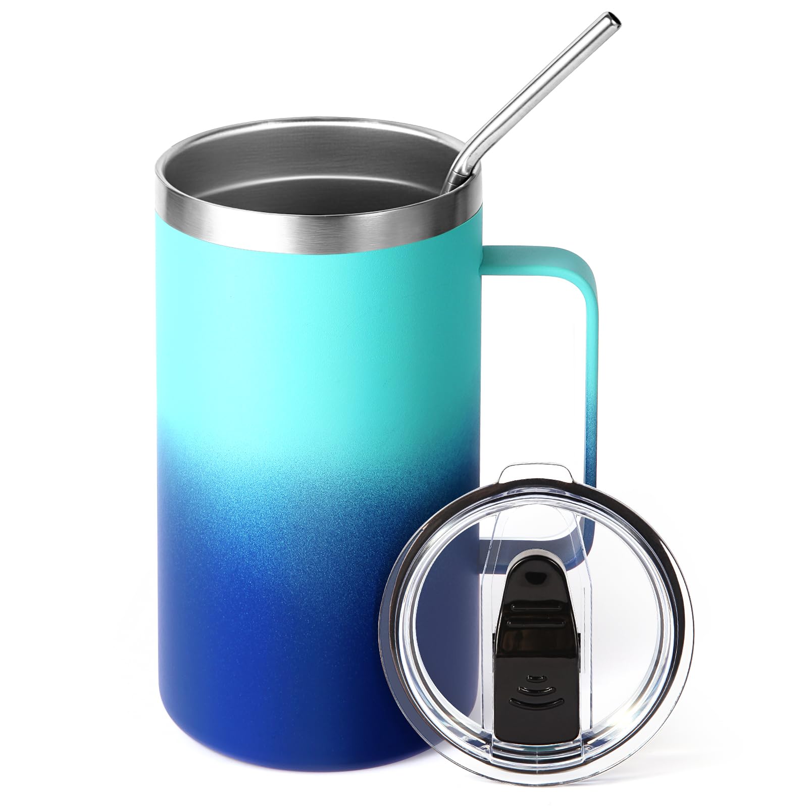 Volhoply 650ml (22oz) Insulated Coffee Mug with Lid and Straw, Stainless Steel Travel Mugs with Handle, Leak Proof Double Wall Coffee Cup for Hot and Cold Drinks (Green Blue,1 Pack)