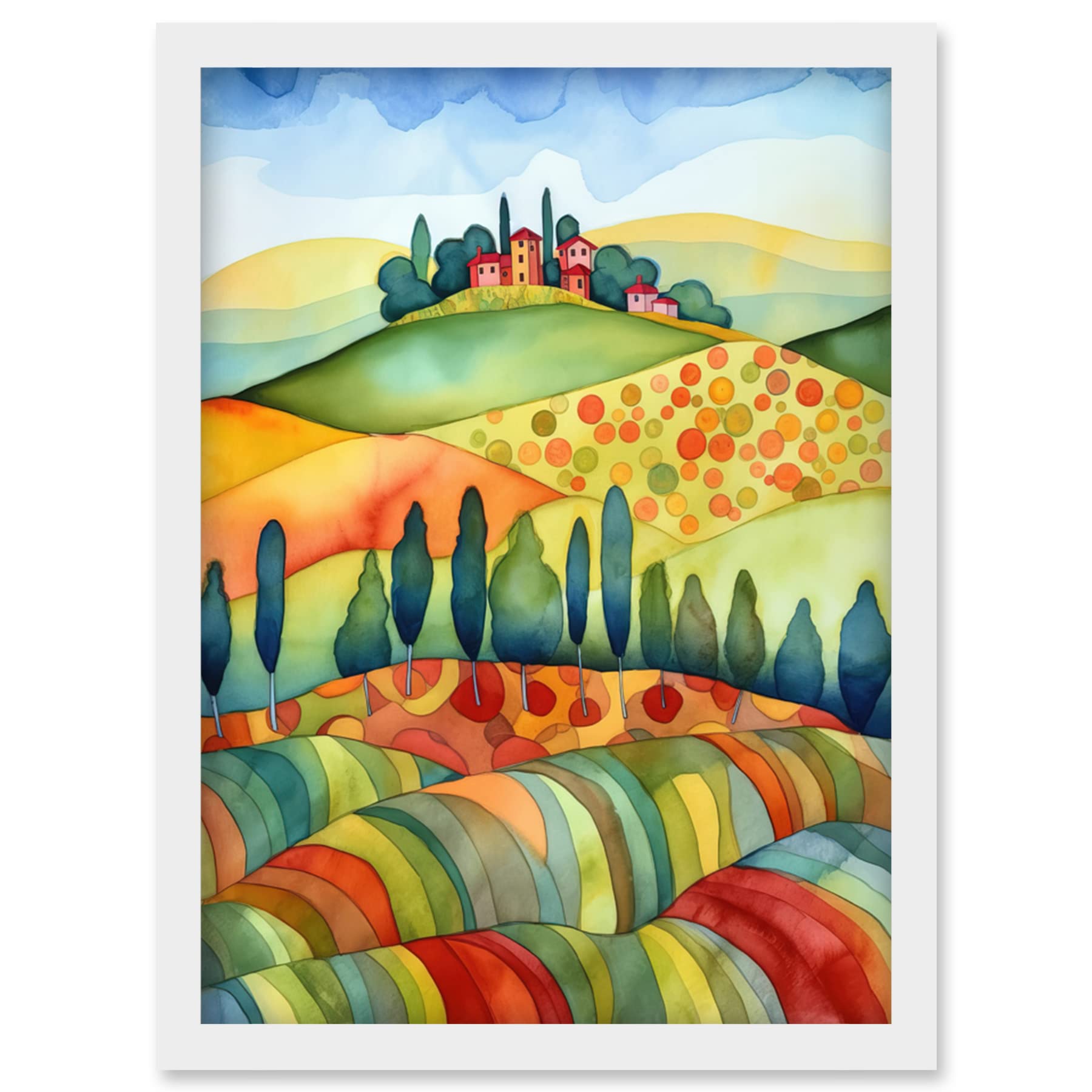 Artery8 Landscape Of Tuscany House On The Hill Folk Art Artwork Framed Wall Art Print A4