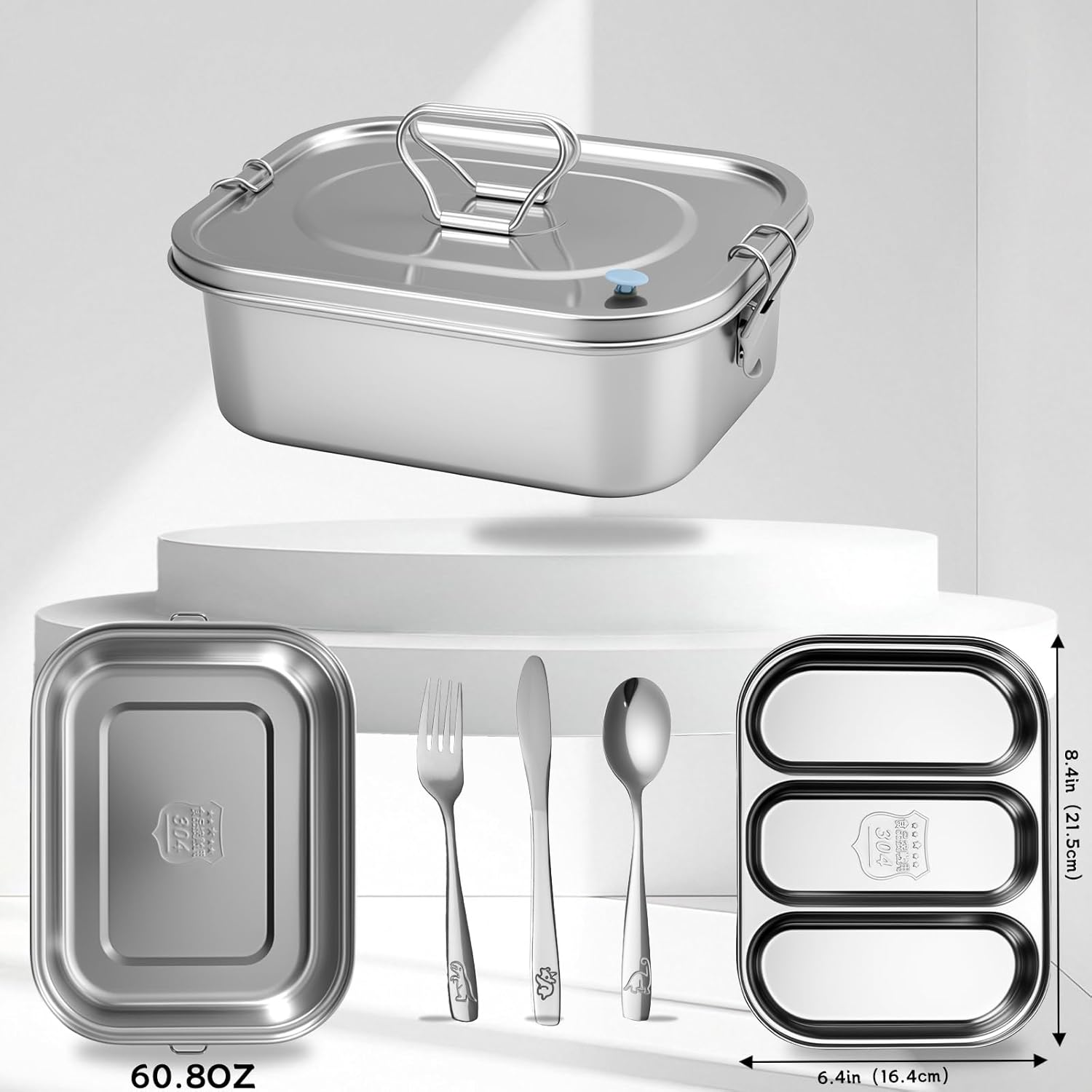 304 Stainless Steel Bento Box Leakproof 3-Compartment Tray, 1800ml Stainless Steel Lunch Box with Airtight Valve Handle, Including Utensil Set (Fork/Knife/Chopsticks) for Travel, Work. - Image 2
