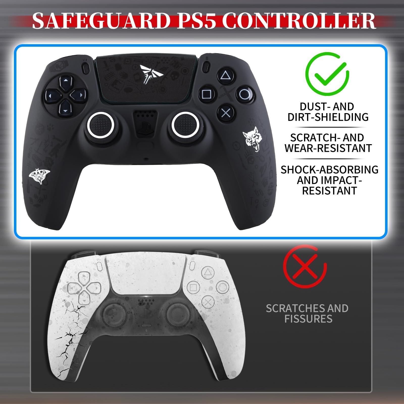 Non-Slip Silicone Cover for PS5 Controller with Thumbstick Caps * 2 & Sticker * 1 WLF