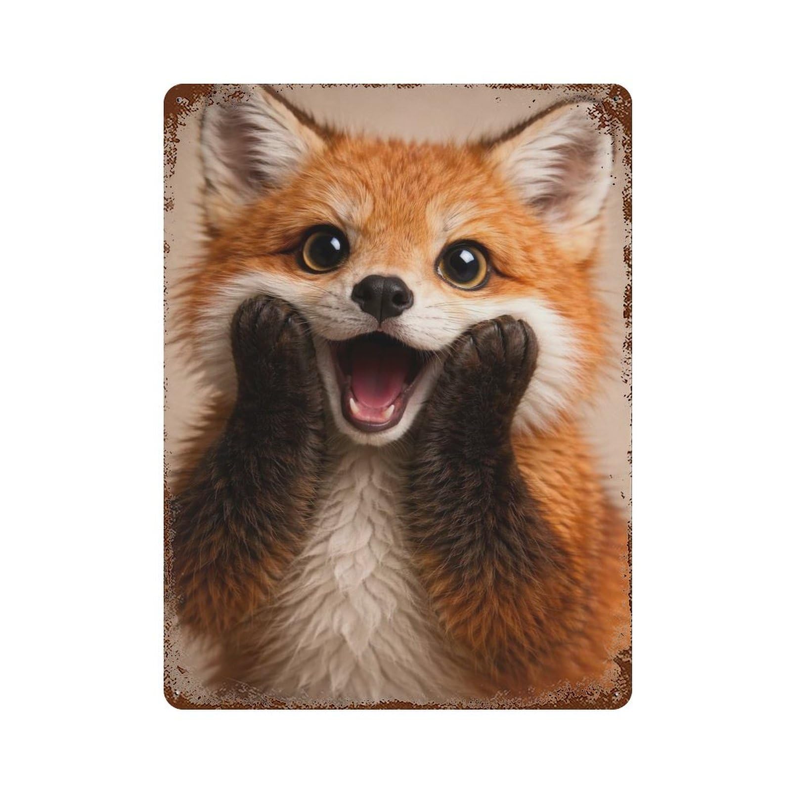 Rust Effect Surprised Fox Portrait Rustic Tin Plaque 15.7"x11.8", Classic Wall Plaque for Shed, Workshop And Garage Wall Decor
