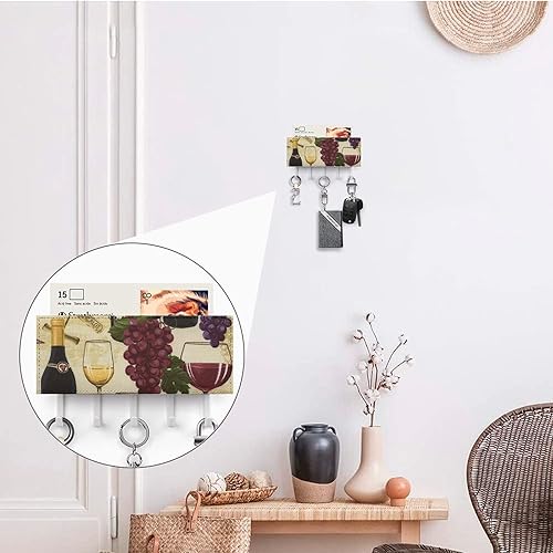 Miniatura 4 de Botella de vino y uva, 5 ganchos, soporte de pared, soporte para llaves, estante organizador para entrada, vestíbulo, pasillo, cocina, oficina,