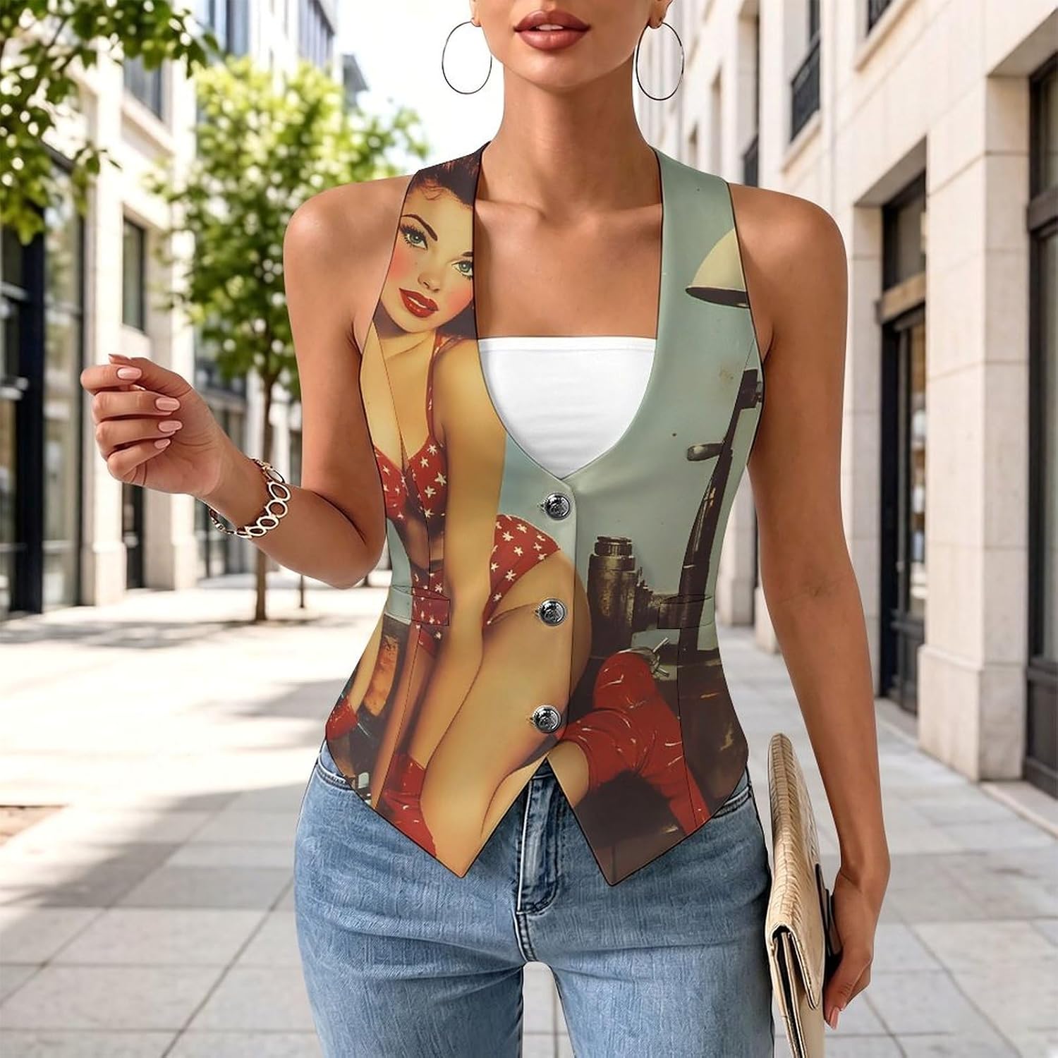Vintage Sexy Pin-up Girls Women's Tuxedo Waistcoat Suit Vest | 3 Button V-Neck Slim Fit Casual Sleeveless Top