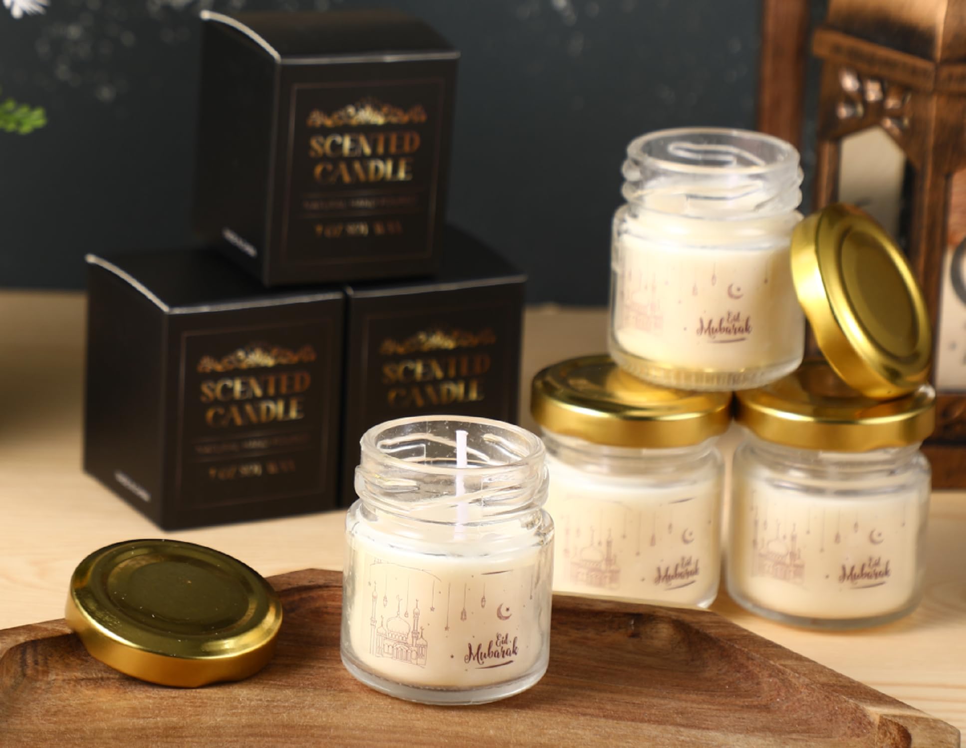Lemosae 12 Pcs Ramadan Mubarak Scented Soy Candles 1 oz Lavender Eid Candle Lights Mini Scented Candles Muslim Candles Gift Bulk Glass Jar Candle for Home Islamic Party Favor Happy Eid Festival Decor