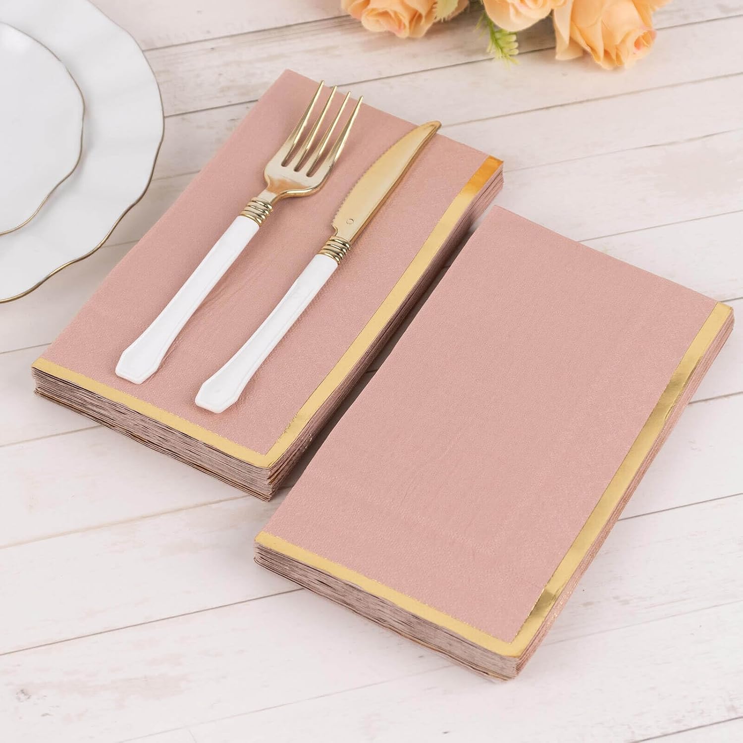 Efavormart 50-Pack Dusty Rose Dinner Paper Napkins with Gold Foil Edge, Soft 2-Ply Disposable Party Napkins for Romantic Bridal Showers and Tea Parties