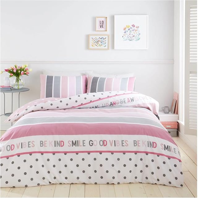 Lions Pink Striped Double Duvet Cover Set - Easy Care Soft Poly Cotton Reversible Printed Quilt Bedding with Matching Pillowcase, 3 Piece Double Bed Quilt Covers For Girls (200x200cm)