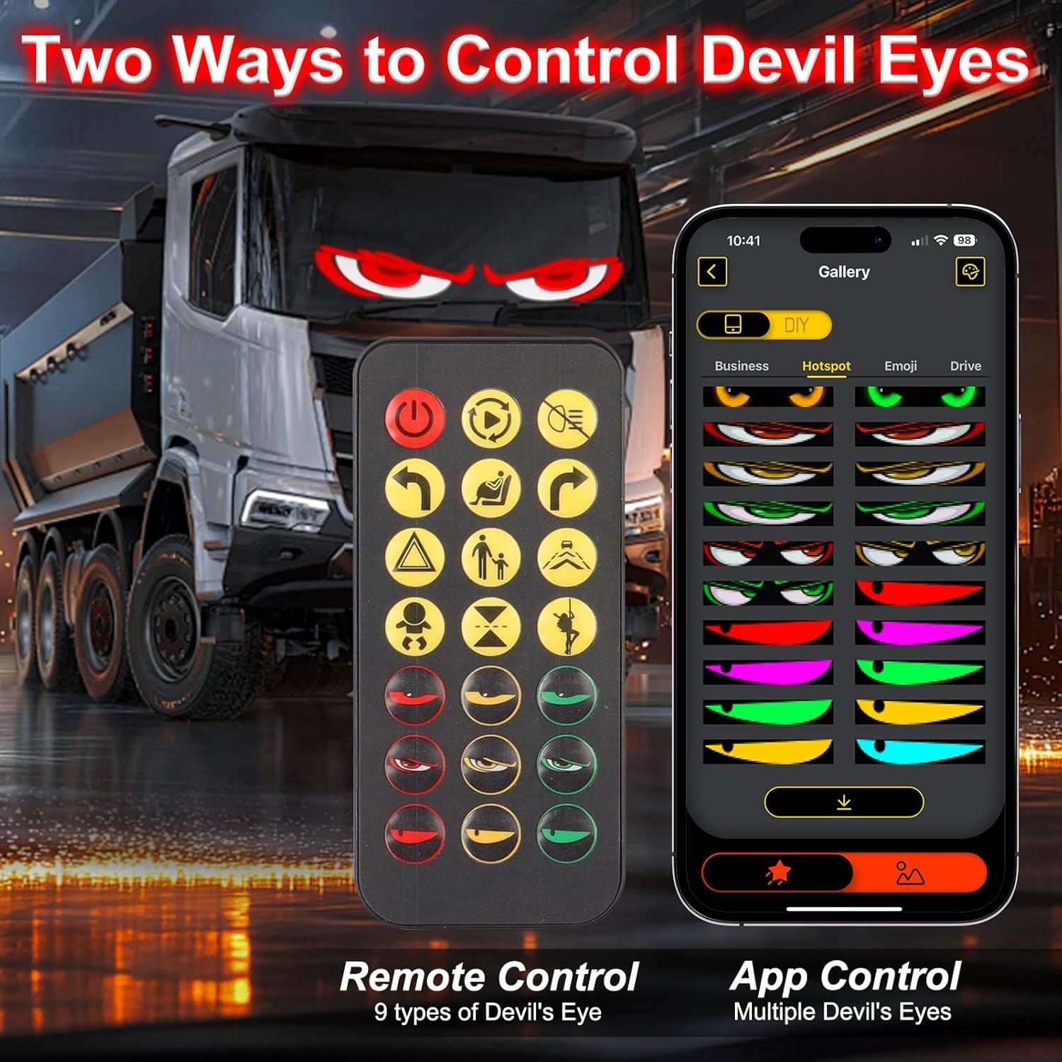 2 luces de ojos de diablo para coches, luces LED de ojos de diablo para ventanas de coche, señales de luz dinámicas, con control de aplicación y mando a distancia, para coche o camión (2,35 x 3,6 cm)