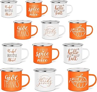 12 Pcs Fall Coffee Mugs 12 oz Thanksgiving Enamel Mug Autumn Coffee Mug Outdoor Camper Mug Hello Fall Pumpkin Spice Give Thanks Sign Camping Tea Cup Decor for Thanksgiving Halloween Party Campfire