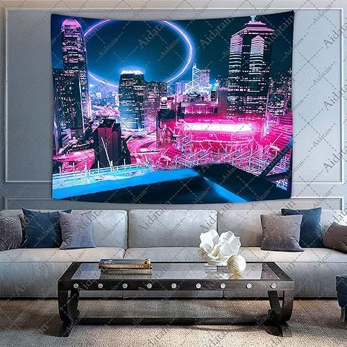 Miniatura 10 de Aidatain Tapiz japonés de paisaje urbano neón, vista nocturna, tecnología futurista, rascacielos, para colgar en la pared, de franela de 40 x 30