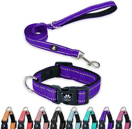 FURRYFECTION Reflective Dog Collar and Leash Set with Quick Release Buckle, Padded with Neoprene Adjustable Nylon Dog Collar for Small Medium and Large Dogs (Medium Collar+5FT Leash, Purple)
