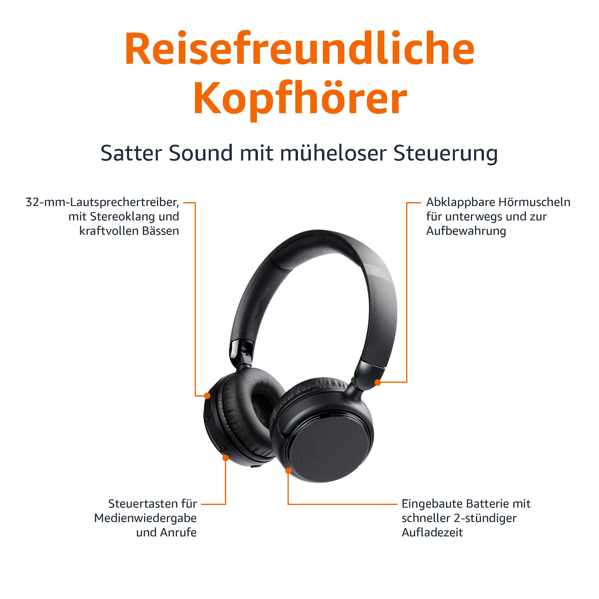 Nahaufnahme der weichen Ohrpolster der Amazon Basics Wireless Kopfhörer, die den Komfort für lange Hörsitzungen betonen.
